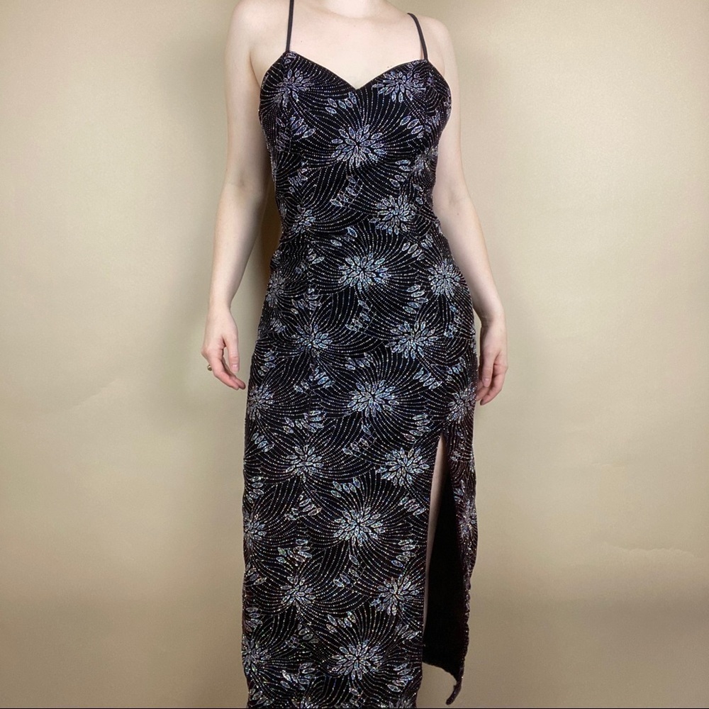 Elegant Classy Size 6 Floral Sequin Thigh Slit Maxi Dress Retro Shimmer Sparkle